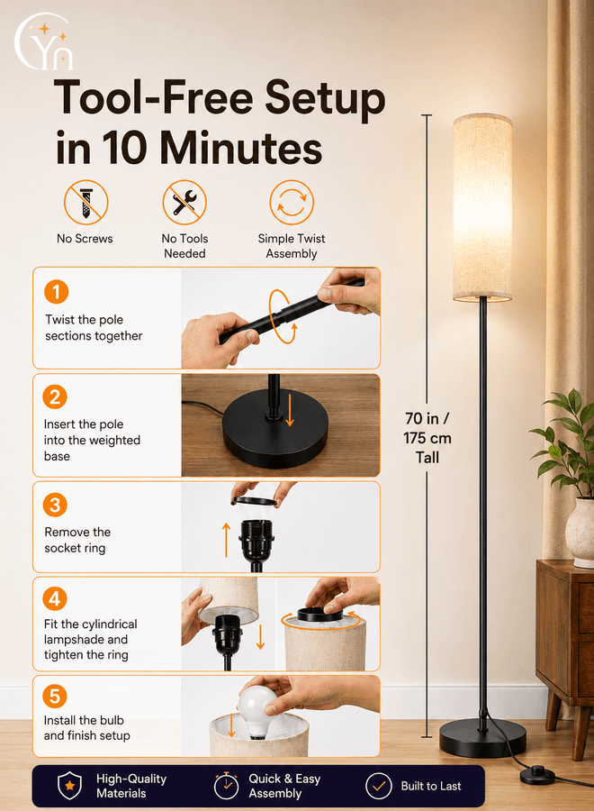 CYRAZ floor lamp tool-free setup in 10 minutes